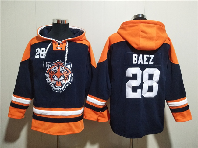 Men's Detroit Tigers #28 Javier Báez Navy Lace-Up Pullover Hoodie